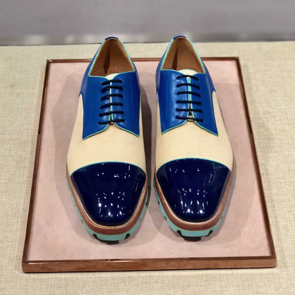 Christian Louboutin Blue Oxford Leather Dress Shoes Men Classic Lace-Up Winter Spring Office Walking Footwear Flats Male